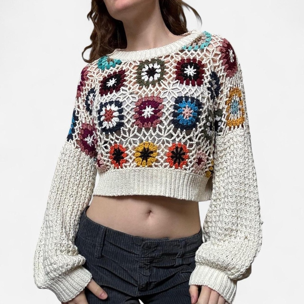 Patchwork Granny Square Knit Cropped Sweater - image 1